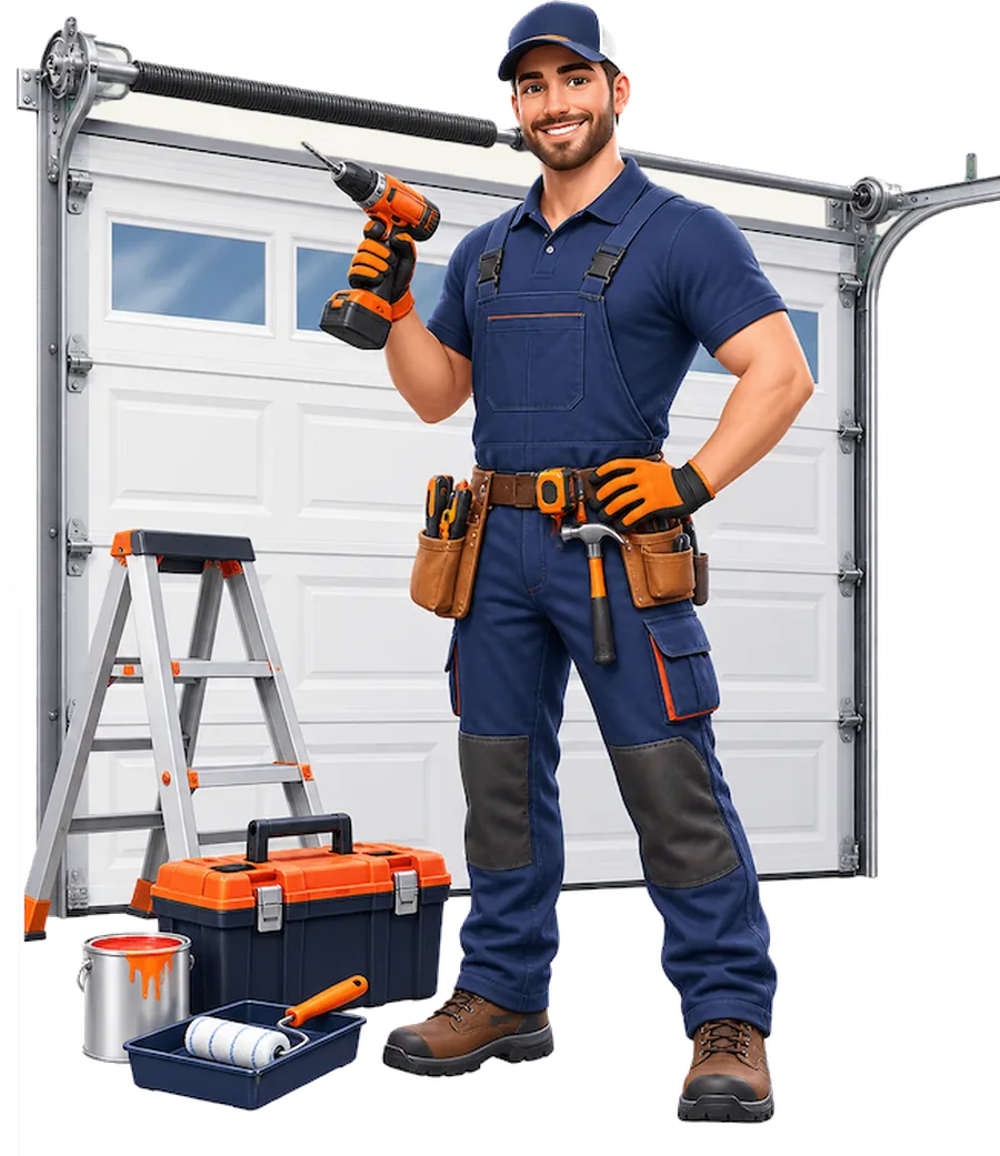 MINI May, the MW Ring handyman, with a drill and tool kit in front of a garage door